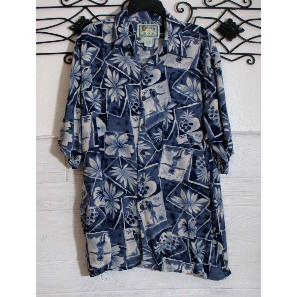 Hana Bay Hawaian Button Up Shirt Blue Floral Short Sleeve